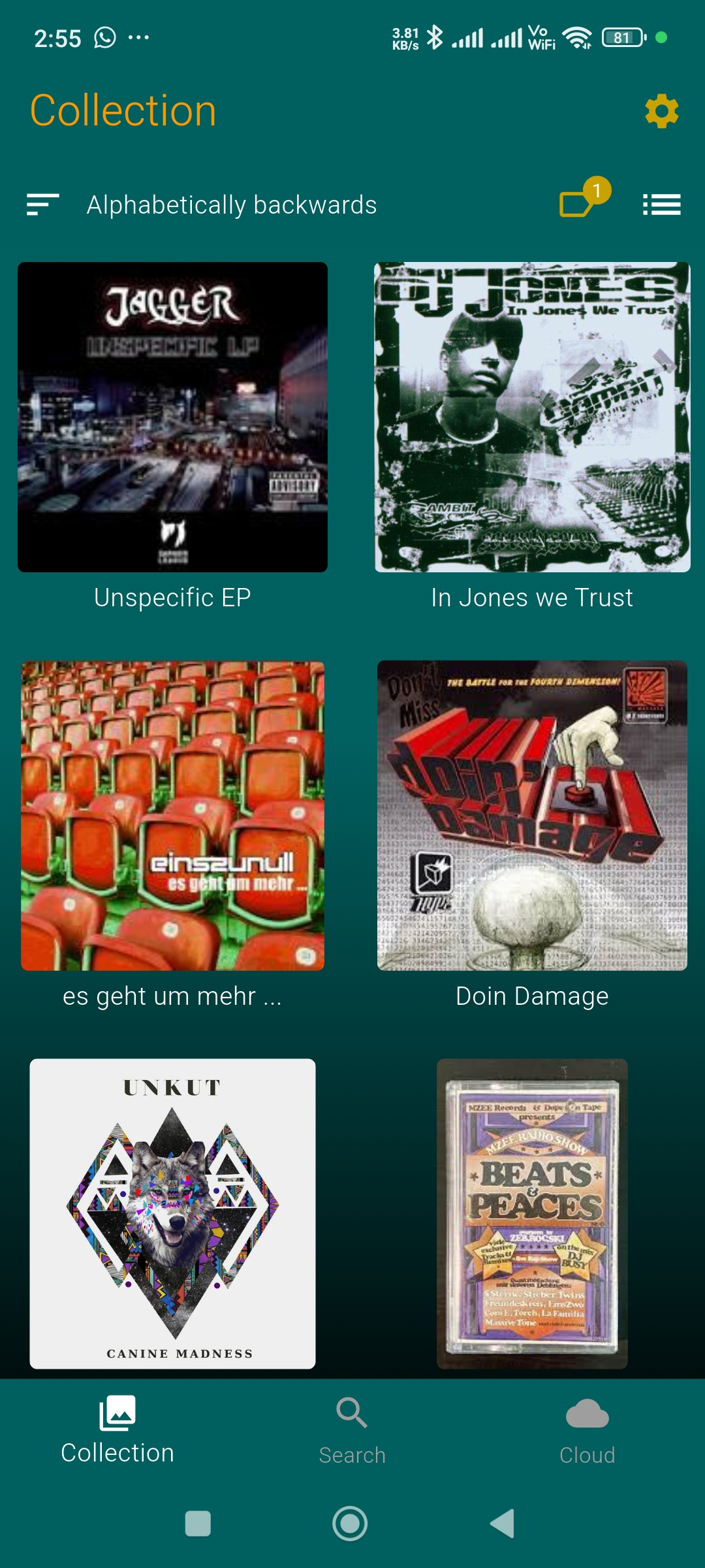 The flirp.cc Collection tab showing a grid of uploaded album covers, sorted alphabetically backwards